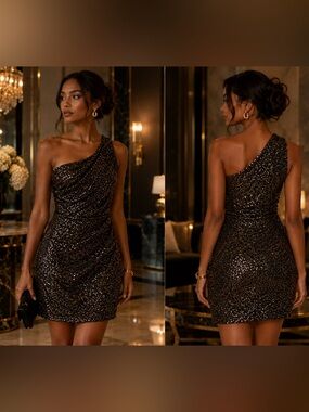 Arden B Black One-Shoulder Sequin Mini Dress